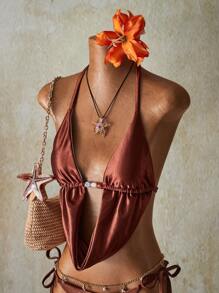 SHEIN ICON Women Boho Beaded Neckline Swimwear Set + Bikini Bottom, Suitable For Vacation And Music Festivals 4th Of July Women Outfits Back To School - Brown - View 7