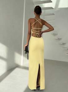 Aloruh Women's Sexy Solid Color Open Back Dress, Summer Butter Yellow Dress,Bodycon Dress - Yellow - View 5