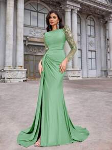 Aureia Đầm suông đuôi cá xẻ tà cao, cổ tròn, thêu hạt cườm sang trọng, thanh lịch, sang trọng, dài tay, bó sát, phù hợp cho tiệc độc thân, hẹn hò, đám cưới, sinh nhật, dạ tiệc, trang trọng, váy cưới, cho khách dự tiệc cưới - Màu xanh Bạc hà - Xem 6