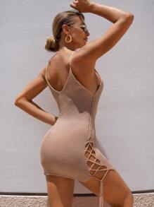 SHEIN Swim 女式时尚纯色简约系带开衩沙滩罩衫 - 卡其色 - 查看 3