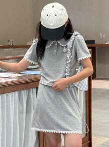 DAZY 2pcs/Set Tween Girls Polo Collar Puff Sleeve T-Shirt + Skirt Outfit For Autumn,Back To School Clothes - Grey - View 5