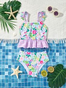 Young Girls Tropical Flower Fashion Vacation Cute Frill Trim Bikini Sets - Multicolor - View 3