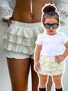 SHEIN Cute Summer Versatile Apricot Ruffle Elastic Waist Shorts, Mommy And Me Matching Outfits (2 Pieces Sold Separately) - Apricot - View 1
