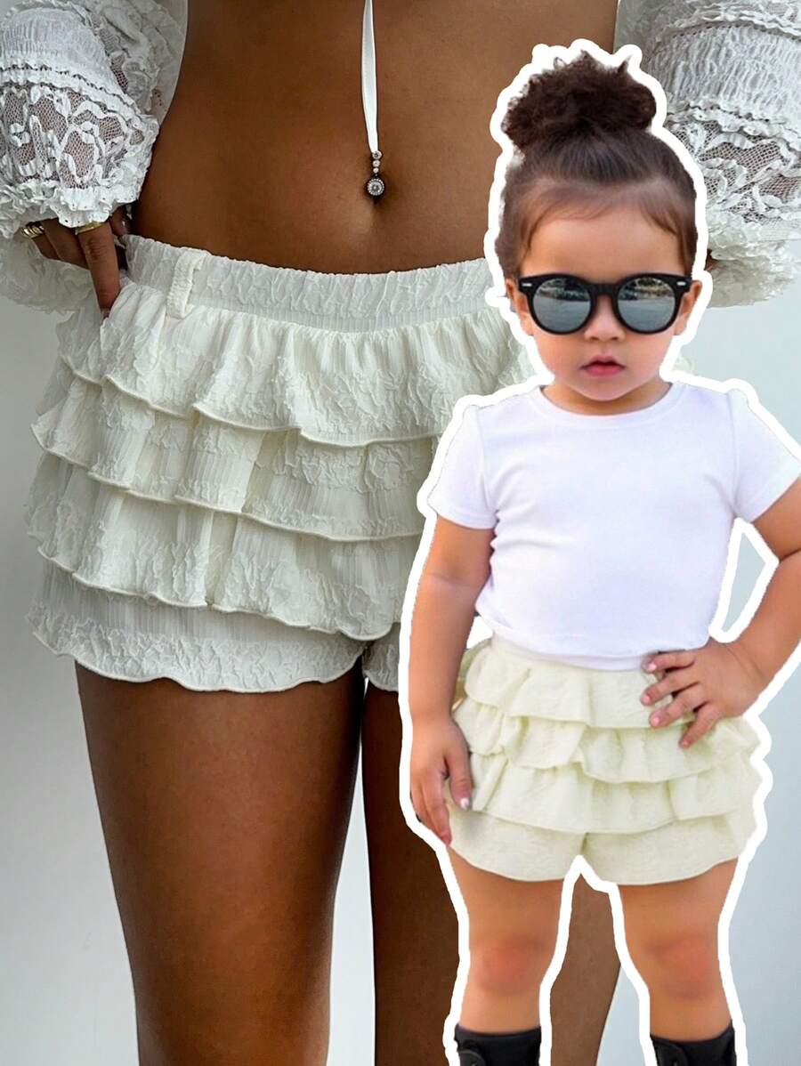 SHEIN Cute Summer Versatile Apricot Ruffle Elastic Waist Shorts, Mommy And Me Matching Outfits (2 Pieces Sold Separately) - Apricot - View 1