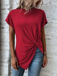 SHEIN LUNE Camiseta casual de verano de unicolor, cuello redondo, manga corta murciélago, con efecto torsión - Rojo - Ver 5
