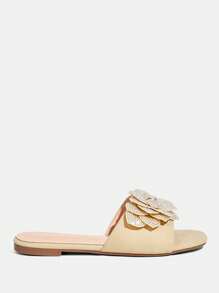 CUCCOO TILAWA Apricot Color Crystal Embellished Flat Sandals, Suitable For Commuting, Dating, Party, Shopping, Vacation And Other Occasions - Apricot - View 13