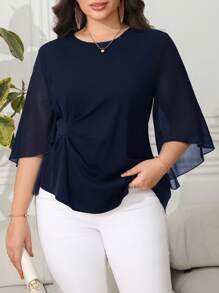 Reflora Bluză pentru femei mărimi mari, culoare solidă, cu mâneci evazate și talie strânsă, primăvară/vară