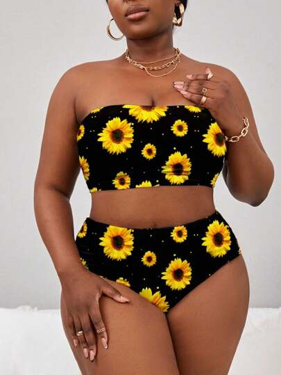 Slaydiva Plus Size Women Sunflower Floral Print Removable Wide-Strap Triangle Bikini, Fashionable Simple Summer Beach Resort Graduation Travel Casual Swimsuit Set