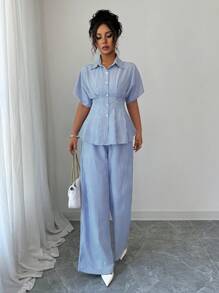 Modelyn 2件套女士条纹蝙蝠袖上衣和裤子套装，夏季