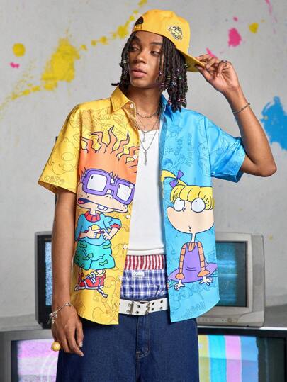 Nick 90's X ROMWE Street Life Men Fashion Summer Casual Sports Cartoon Graphic Colorblock Shirt