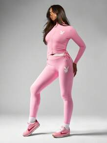 Missguided x Playboy Luxury Bunny Logo Workout Training Jacket Fitted Active Wear Athletic Full Front Zip Performance Sport Running Track Jacket Fall Winter Activewear - Pink - View 3