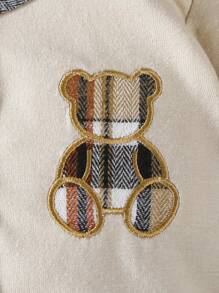 SHEIN Bộ đồ ngủ 4 món cho trẻ sơ sinh gồm quần áo ngủ dài tay, yếm, mũ và găng tay, đơn giản và thời trang, màu trắng - Màu Khaki - Xem 3