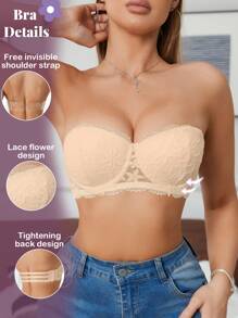 1 件女士性感蕾丝钢圈文胸，带钢罩杯，小胸聚拢，防滑隐形抹胸文胸，可拆卸肩带，百搭穿着