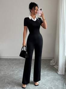 Elenzga Women's Collared Short Sleeve Flared Leg 2 Pieces Set - Black - View 3