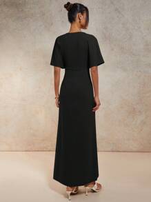 COSMINA 女士纯色深 V 领褶饰蝙蝠袖连衣裙 - 黑色 - 查看 2