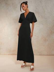 COSMINA 女士纯色深 V 领褶饰蝙蝠袖连衣裙 - 黑色 - 查看 3
