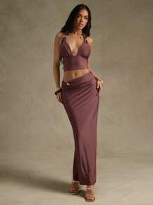 Hauture Women's Summer Sexy Casual Side Ruched With Front Metal Decor Maxi Skirt