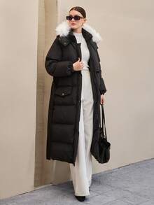 CLARA VERO Premium Quality, Contrast Fur Detailed Puffer Winter Coat - Black - View 1