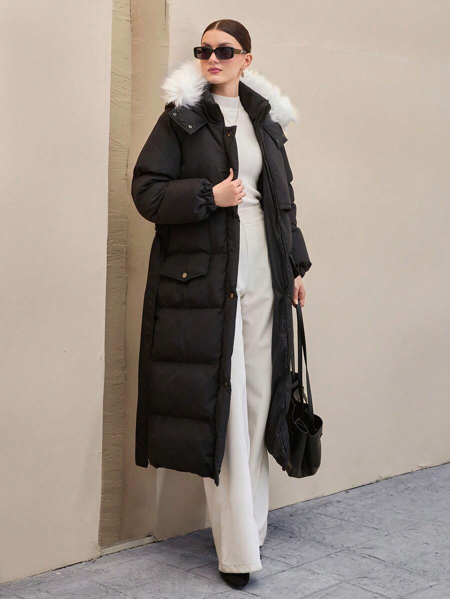 CLARA VERO Premium Quality, Contrast Fur Detailed Puffer Winter Coat - Black - View 1