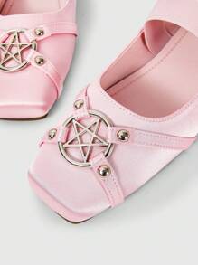 ROMWE Kawaii Balerini eleganți și la modă pentru femei, cu vârf pătrat și cataramă, stil punk dulce, versatili pentru petrecere, purtare zilnică, rochie de seară, roz - Roz - Vizualizare 4