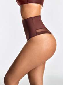 SHAPORA Women Solid Color High Waisted Mesh Patchwork Shapewear Bottom - Brown - View 2