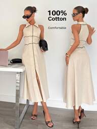 Siren Gaze Women's 100% Cotton Shirt Collar Sleeveless Contrast Trim Flared Midi Dress, Ladies Linen Clothing Elegant Summer Evening Dress