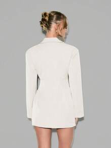 KIZN 修身西装迷你连衣裙，双排扣设计，收腰设计，配有腰带，适合专业办公室、派对、晚宴等场合的职业装 - 米色 - 查看 2