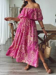 SHEIN VCAY Vestido largo de mujer talla grande con estampado retro en fucsia, hombros descubiertos, cintura con volantes y abertura lateral, vestido de playa para mujer, atuendos de vacaciones en la playa, atuendos de aeropuerto, atuendos de vacaciones de verano, estilo bohemio, ropa de mujer, atuendos para brunch, atuendos de vacaciones en la ciudad, ropa occidental para mujer, ropa de verano europea para vacaciones en la isla, atuendos de luna de miel, atuendos de Miami, atuendos de Saint-Tropez, atuendos de Tulum, atuendos de South Beach, atuendos de Santorini Grecia, atuendos de la de Amalfi, atuendos de Ibiza, chica de la isla con hombros descubiertos - Rosa Fucsia - Ver 3