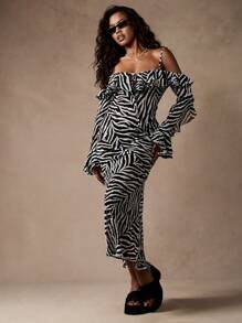 MISSGUIDED 斑马纹雪纺露肩荷叶边连衣裙，中长款长袖派对晚宴吸睛连衣裙