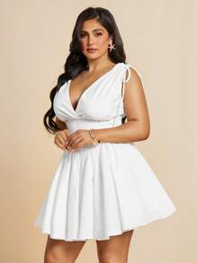 SHEIN BAE Đầm dự tiệc bồng bềnh cổ chữ V có dây rút vai cỡ lớn cho nữ, màu trắng, váy dự tiệc sinh nhật - trắng - Xem 6