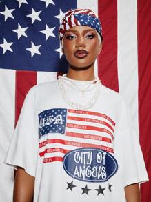 SUMWON WOMEN Los Angeles City Flag Inspired Oversized Graphic Tshirt American Theme USA 4th Of July Patriotic Summer Relaxed Fit Street Style Casual Wear - White - View 5
