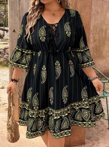 Breezaya Robe courte oversize à col en V, imprimé cachemire et fleurs Hera, avec lien et franges