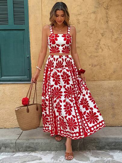 Breezaya 2pcs/Set Red Floral Print Vacation Casual Camisole & Maxi Skirt Set