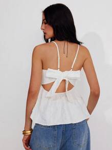 Roylia Women White Summer Elegant Date 3D Embossed Jacquard Floral Sleeveless Backless Bowknot Back A-Line Ruffle Hem Adjustable Camisole Vacation Party Top - White - View 2