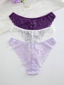 3件装女士简约浪漫蕾丝设计比基尼内裤 - 彩色 - 查看 2