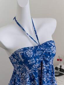 SHEIN Unity Cute Floral Print Tie Front Fashion Halter Neck Tank Top - Blue and White - View 4