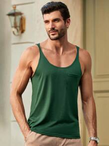 Manfinity VCAY Áo ba lỗ dệt kim màu trơn bó sát thường ngày cho nam có túi ngực - màu xanh lá - Xem 5