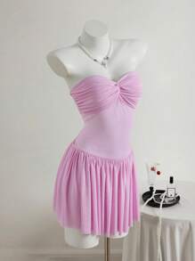 SHEIN Unity Women's Simple Mesh See-Through Pink Mini Dress With Twist Bust Decor, Sexy Bandeau Top - Pink - View 5
