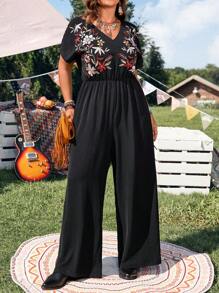 EMERY ROSE 大码女式花卉印花V领短袖阔腿连体裤 - 黑色 - 查看 4