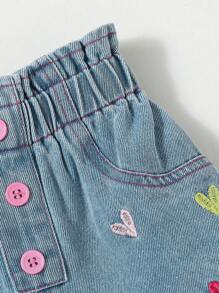 SHEIN Young Girl Casual Style Cute Bowknot Denim Shorts, Comfortable Lightweight Suitable For Vacation & Street Fashion, Summer, Cute Summer Shorts For Kids.