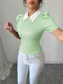 Elenzga 女士优雅日常衬衫领黑白撞色荷叶边修身T恤 - 薄荷綠 - 查看 3