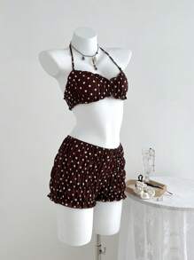 Elamini 波尔卡圆点吊带比基尼上衣和短裤 - 咖啡棕 - 查看 1