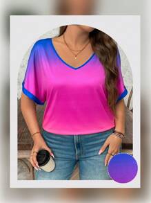 SHEIN LUNE Plus Size Colorful Striped V-Neck Short Sleeve T-Shirt Vacation Outfits Woman Beach Outfits For Woman Festival Pride Day - Multicolor - View 5