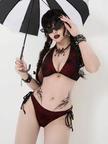 ROMWE Goth Women's Spider Web Print Halter Backless Bikini Set, Halloween - Multicolor - View 6