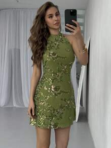 Aloruh New Sexy Clubwear Backless Sleeveless Lace Up Form-Fitting Mini Green Sequin Dress, Suitable For Music Festival, Vacation, Date, Beach, Cocktail Party