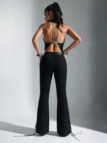 Denimoi Low Rise Lace Up Cut Out Washed Boot Cut Denim Jeans - Black - View 6