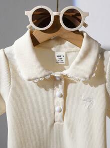 SHEIN Baby Girl Embroidery Design Short Sleeve Casual Polo Shirt, Spring/Summer Cream Baby Girl Outfit