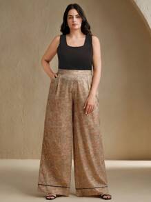Anewsta New Women Contrast Color Drawstring Waist Cashew Flower Print Wide Leg Pants - Khaki - View 4