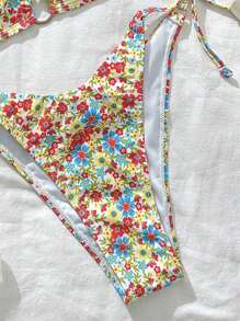 SHEIN Swim 女士碎花吊带前系性感比基尼套装，夏季沙滩泳衣 - 彩色 - 查看 3