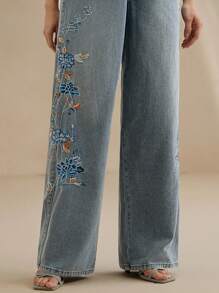 Anewsta 女式刺绣直筒高腰牛仔裤 - 藍色 - 查看 6